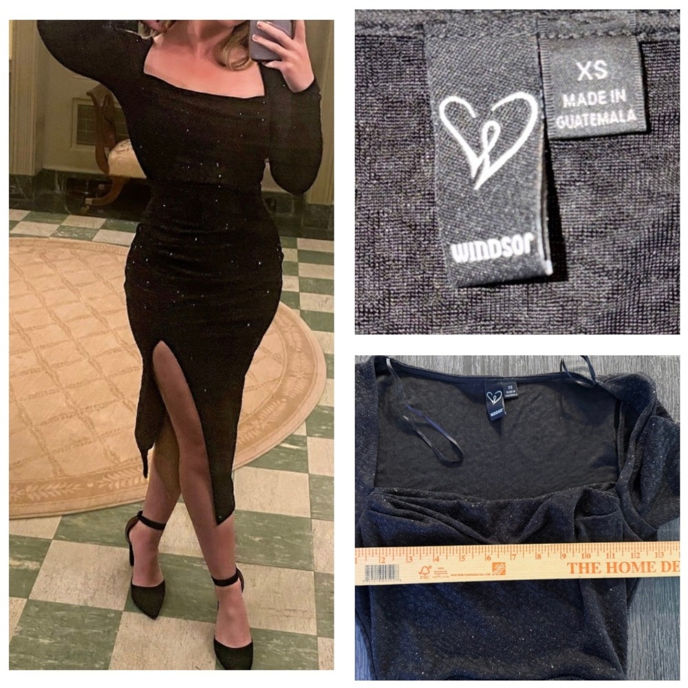 Windsor Womens XS Black Glitter Shimmer Long Sleeve Cowl Neck Ruched Midi‎ Dress